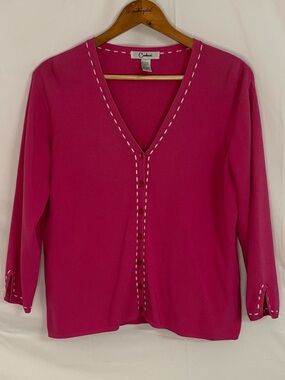 Carducci Bright Pink with White Contrast Stitching Cardigan Sweater - Large